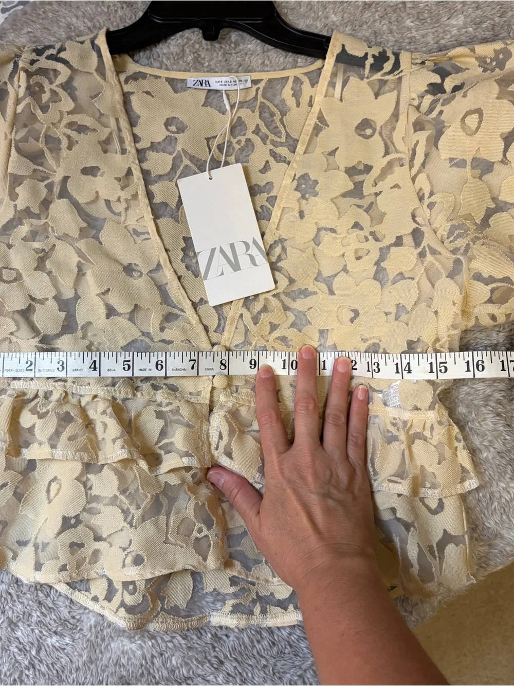 ZARA Cream Sheer Floral Ruffle Blouse